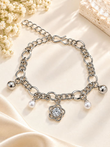 Silver Floral Charm Chain Bracelet