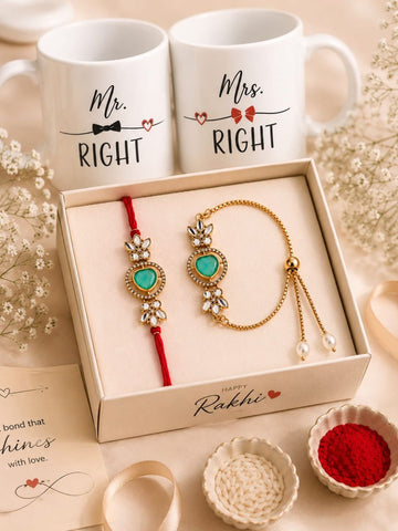 Luxury Kundan Rakhi Mug Combo for Couple