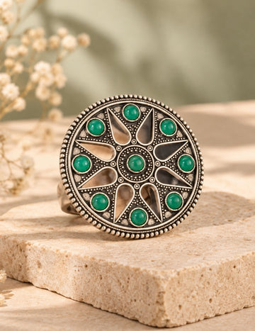 Green Stone Oxidized Statement Ring