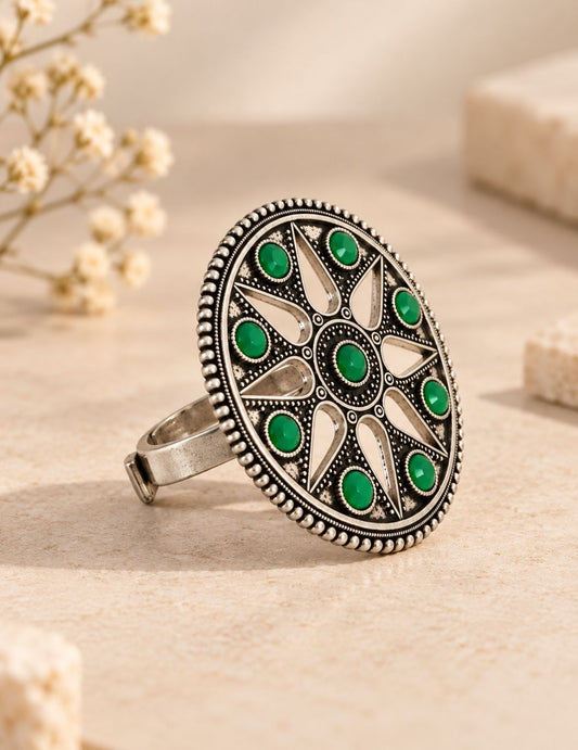 Green Stone Oxidized Statement Ring