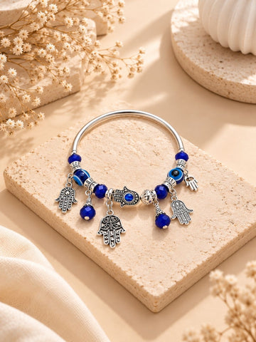 Silver-Toned Blue Evil Eye Hamsa Charm Bracelet