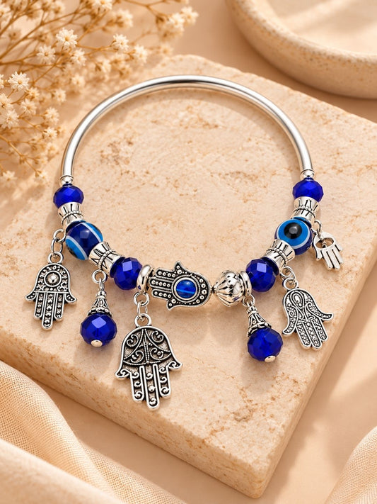 Silver-Toned Blue Evil Eye Hamsa Charm Bracelet