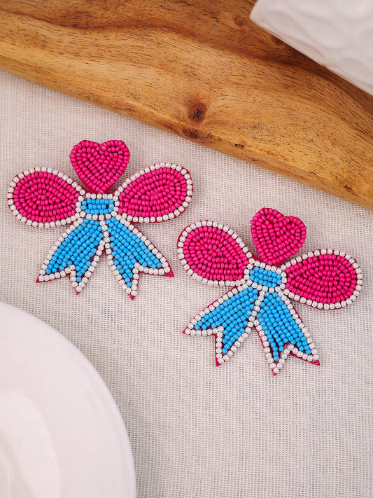 Pink Bow Hand-Beaded Earrings