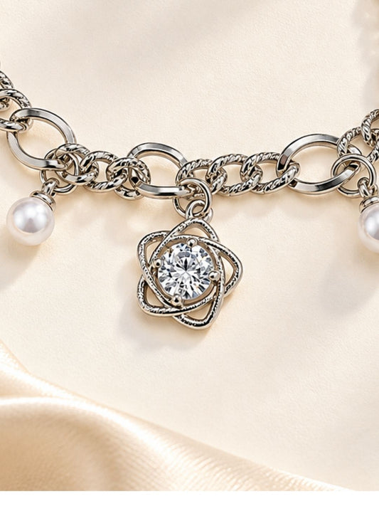 Silver Floral Charm Chain Bracelet