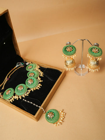 Handmade Enamel Green Mangtikka Choker Set