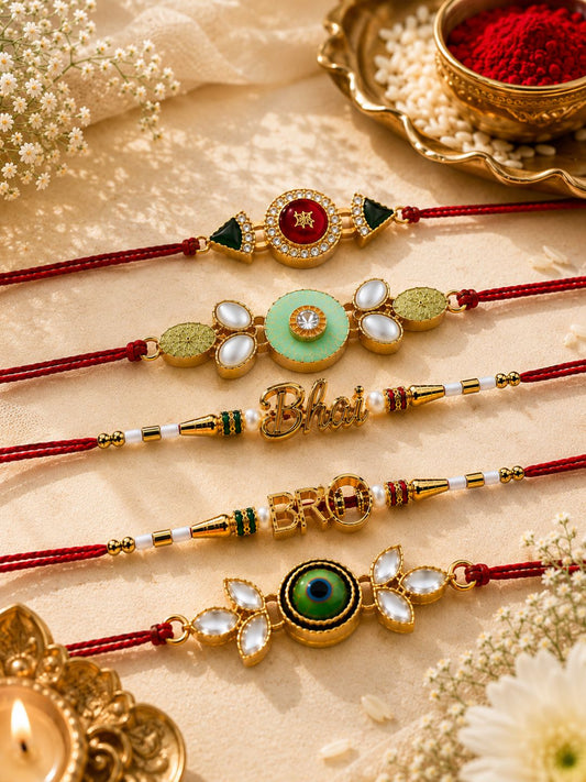 Designer Kundan Set of 5 Rakhi Set