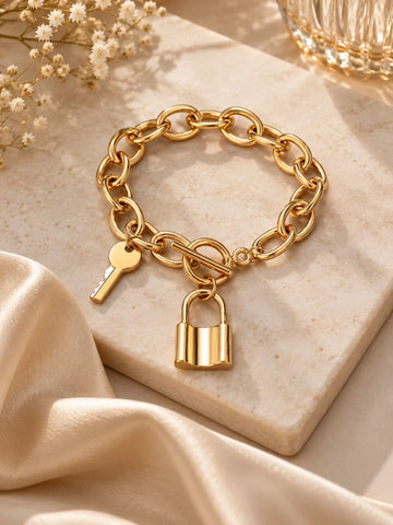Gold-Plated Lock & Key Chunky Chain Charm Bracelet