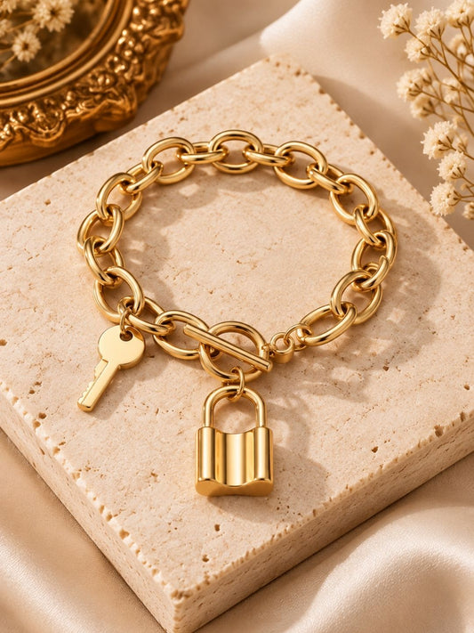 Gold-Plated Lock & Key Chunky Chain Charm Bracelet