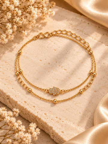 Double Layer Hamsa Charm Gold Bracelet