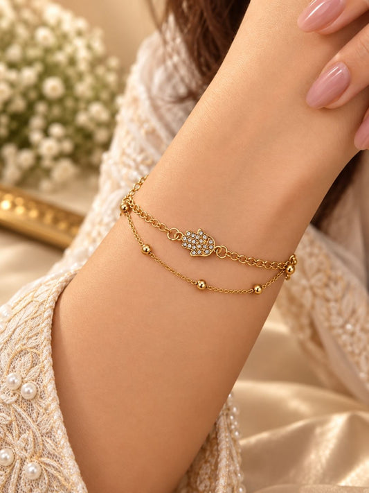 Double Layer Hamsa Charm Gold Bracelet