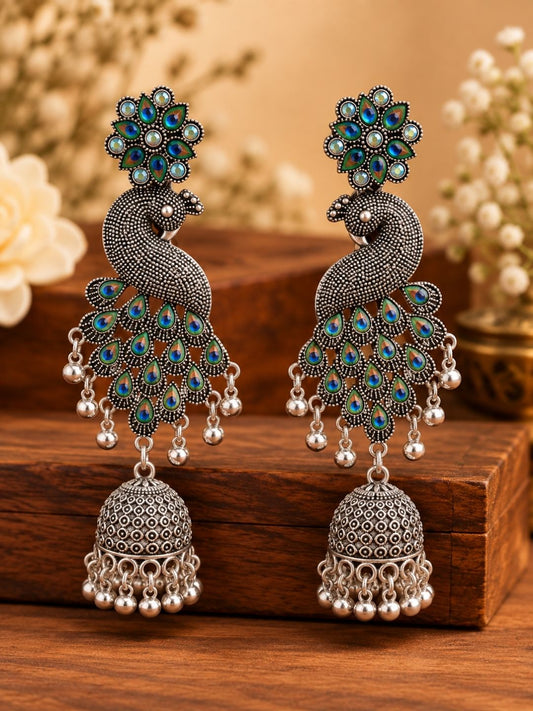 Peacock Silver Oxidised Earring