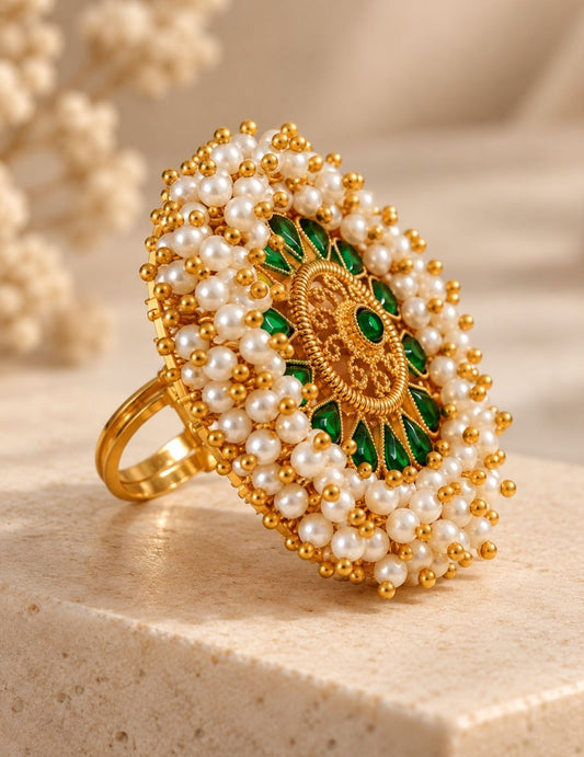Emerald Pearl Gold Statement Ring