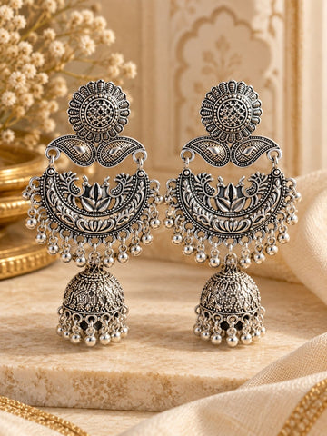 Oxidised Floral Jhumka Earrings