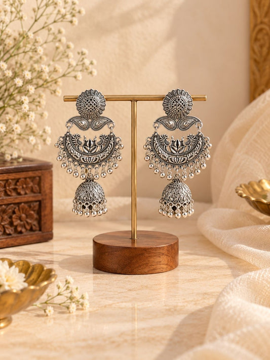 Oxidised Floral Jhumka Earrings