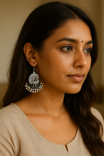 Silver-Plated Oxidised Peacock Earrings