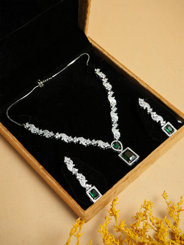 AD Silver-Plated Emerald & Cubic Zirconia Statement Necklace Set