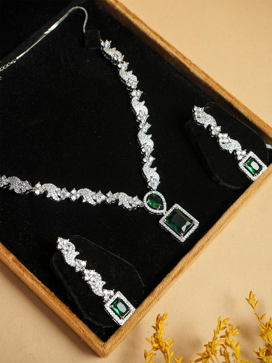 AD Silver-Plated Emerald & Cubic Zirconia Statement Necklace Set