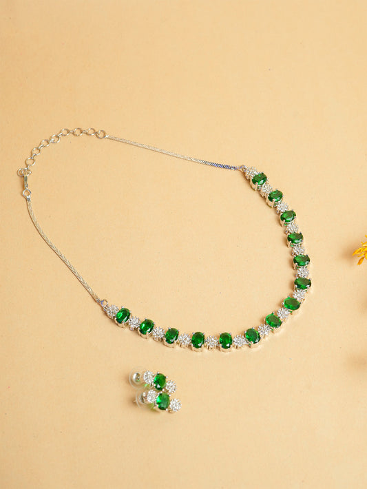 Silver-Plated Emerald & Cubic Zirconia Studded Necklace Set