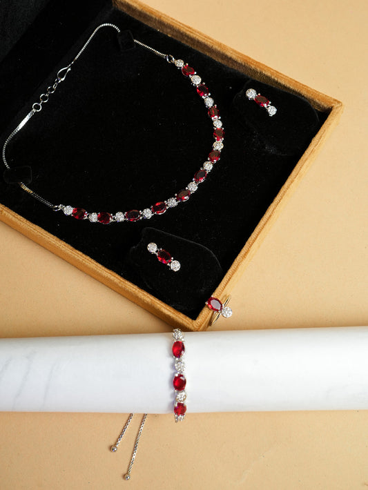 AD Silver-Plated Rubi & Cubic Zirconia Studded Necklace Set