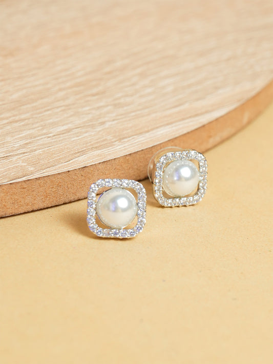 Square-Frame Pearl Stud Earrings with Crystal Border