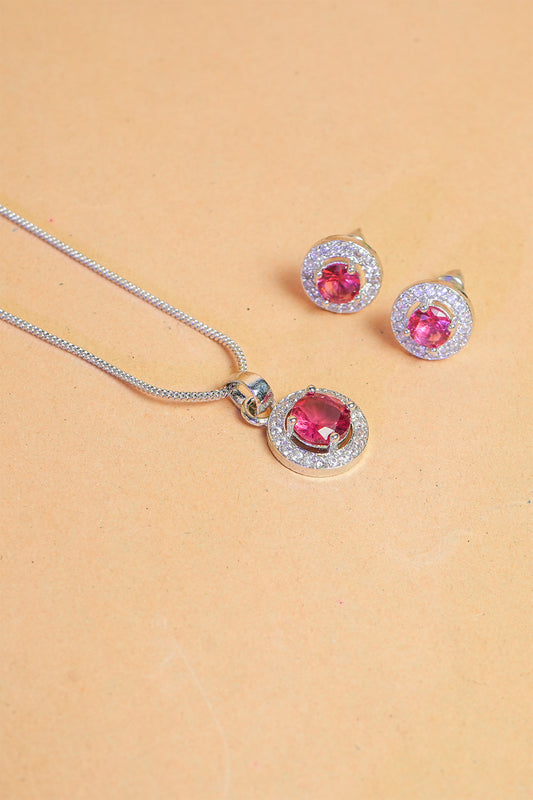 Ruby & CZ Studded Square Shape Pendant Necklace Set