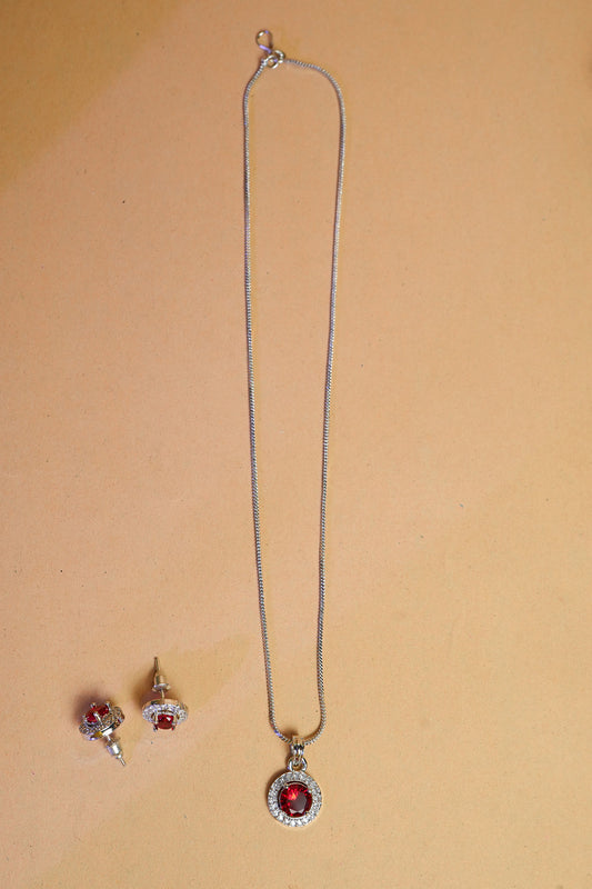 Rhodium-Plated Ruby & CZ Studded Round Pendant Necklace Set