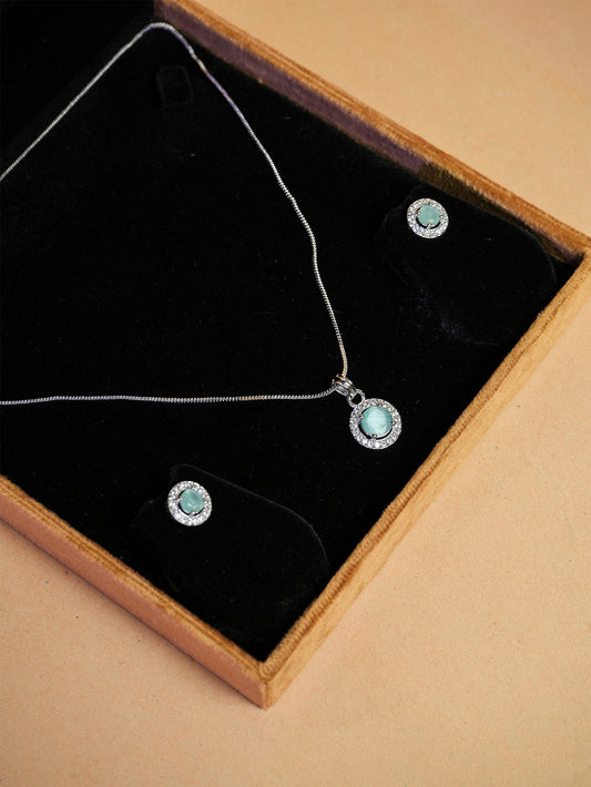 AD Rhodium-Plated Mint Green Crystal Pendant Necklace Set