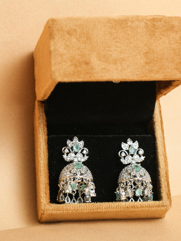 Elegant Silver-Plated Jhumka Earrings with Green Accents