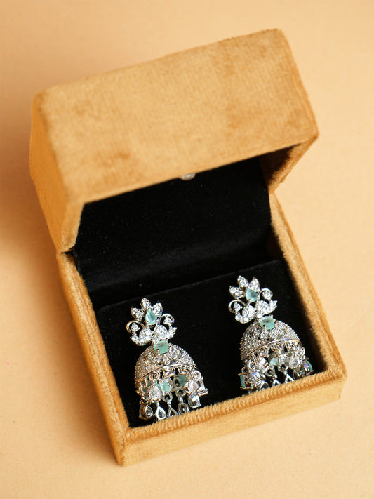Elegant Silver-Plated Jhumka Earrings with Green Accents