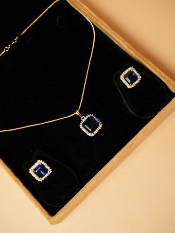 Royal Blue Square Stone Pendant Necklace & Earring Set