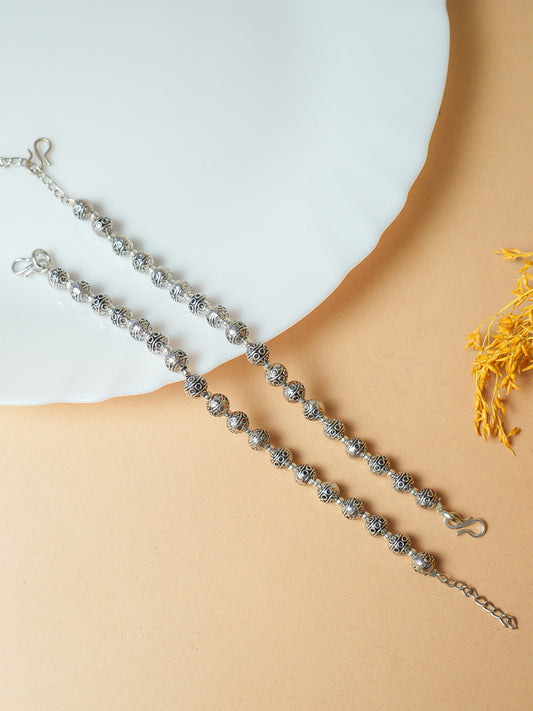 Antique Silver Beaded Anklet Set - Intricately Designed