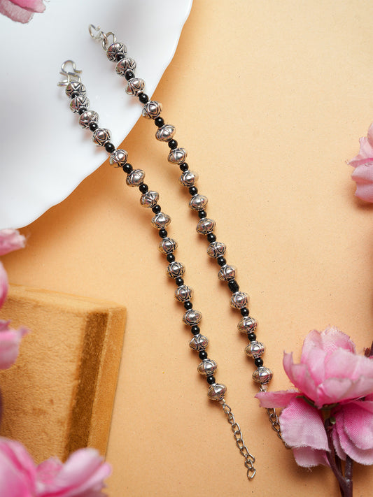 Antique Silver and Black Beaded Anklet Set