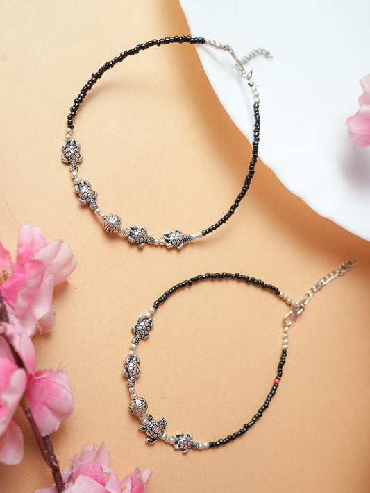 Delicate Black Beaded Silver Charm Anklet