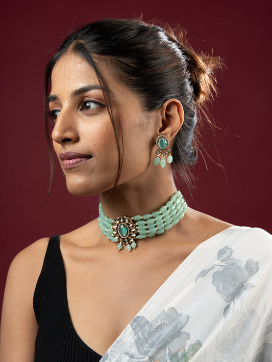 Viraasi Sea Green & White Gold-Plated Kundan & Pearls Choker Set