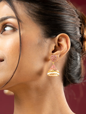 Viraasi Elegant Gold-Plated Ruby and Pearl Jhumka Earrings