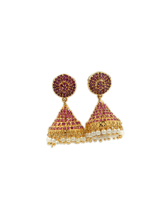 Viraasi Elegant Gold-Plated Ruby and Pearl Jhumka Earrings