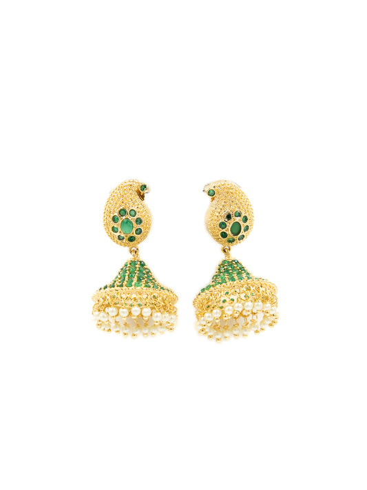 Viraasi Exquisite Gold-Plated Emerald and Pearl Jhumka Earrings