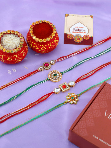 Set Of 4 Threaded Rakhi With Roli & Rice