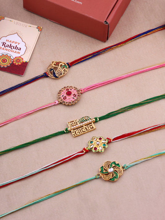 Set Of 5 Threaded Rakhi With Roli & Rice