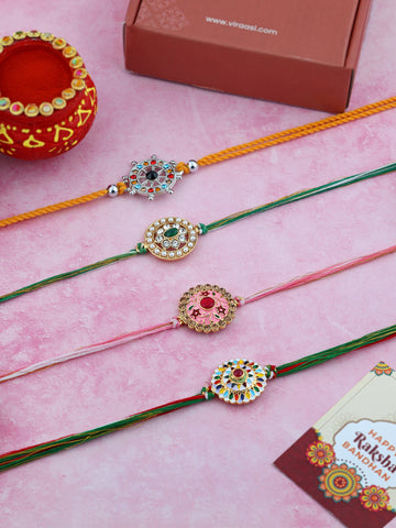 Set Of 4 Threaded Rakhi With Roli & Rice