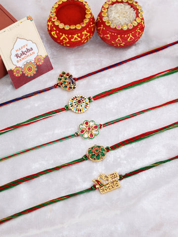 Set Of 5 Threaded Rakhi With Roli & Rice