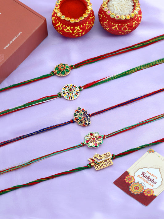 Set Of 5 Threaded Rakhi With Roli & Rice