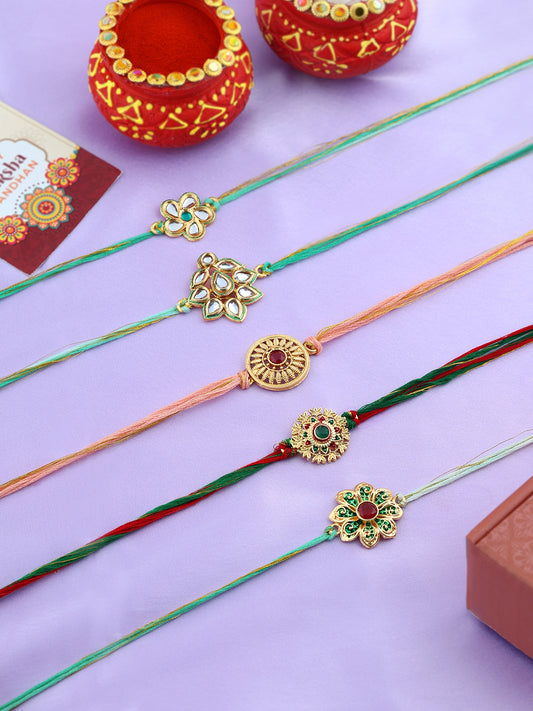 Set Of 5 Threaded Rakhi With Roli & Rice