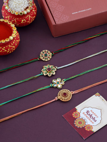 Set Of 4 Threaded Rakhi With Roli & Rice