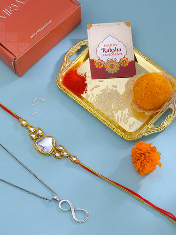 Silver Chain Pendant and Kundan Rakhi Gift Combo For Brother
