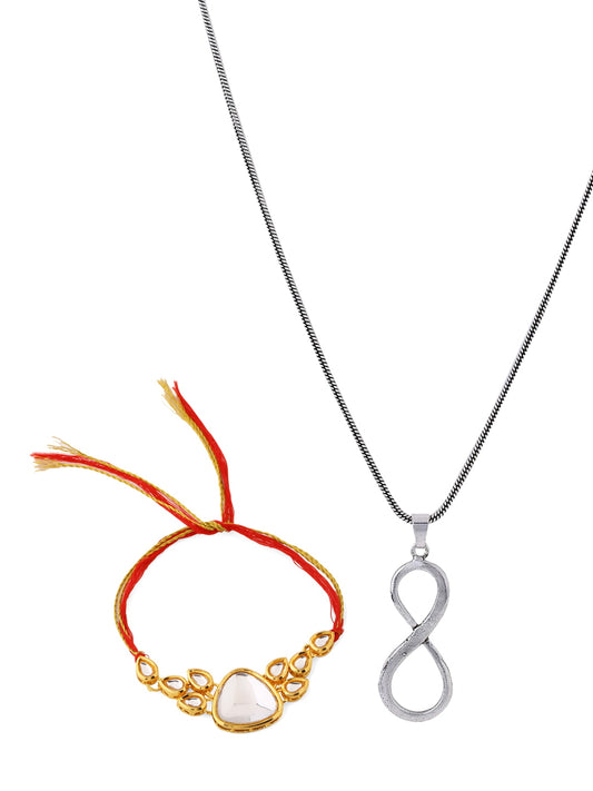 Silver Chain Pendant and Kundan Rakhi Gift Combo For Brother