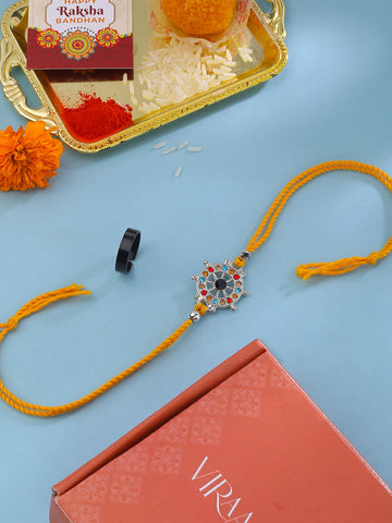 Stainless Steel Ring with Colourful Stone Rakhi Gift Combo For Brother