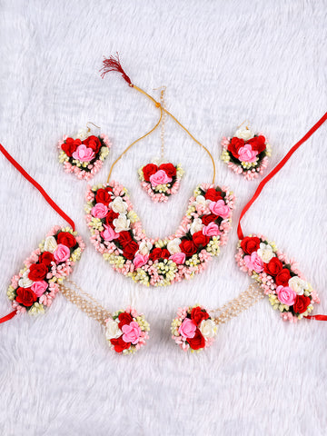 Red & Pink Floral Haldi/Mehendi Jewelry Set