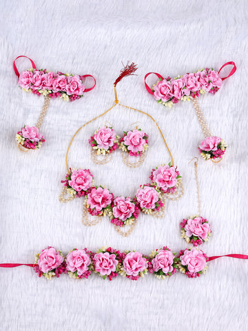 Elegant Pink Floral Haldi/Mehendi Jewelry Set