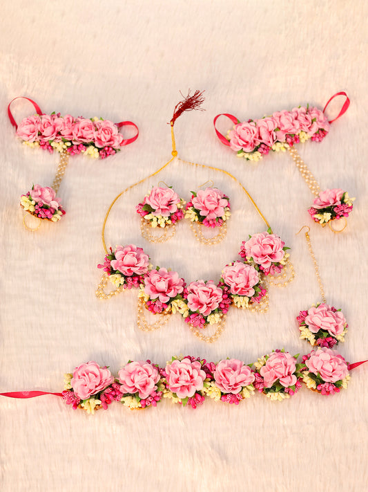 Elegant Pink Floral Haldi/Mehendi Jewelry Set